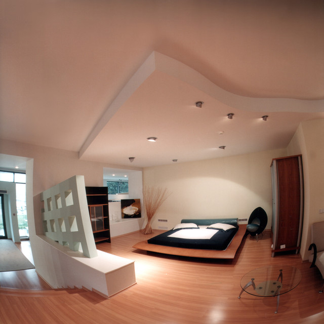 Интересный дизайн спальной с подвесным потолком